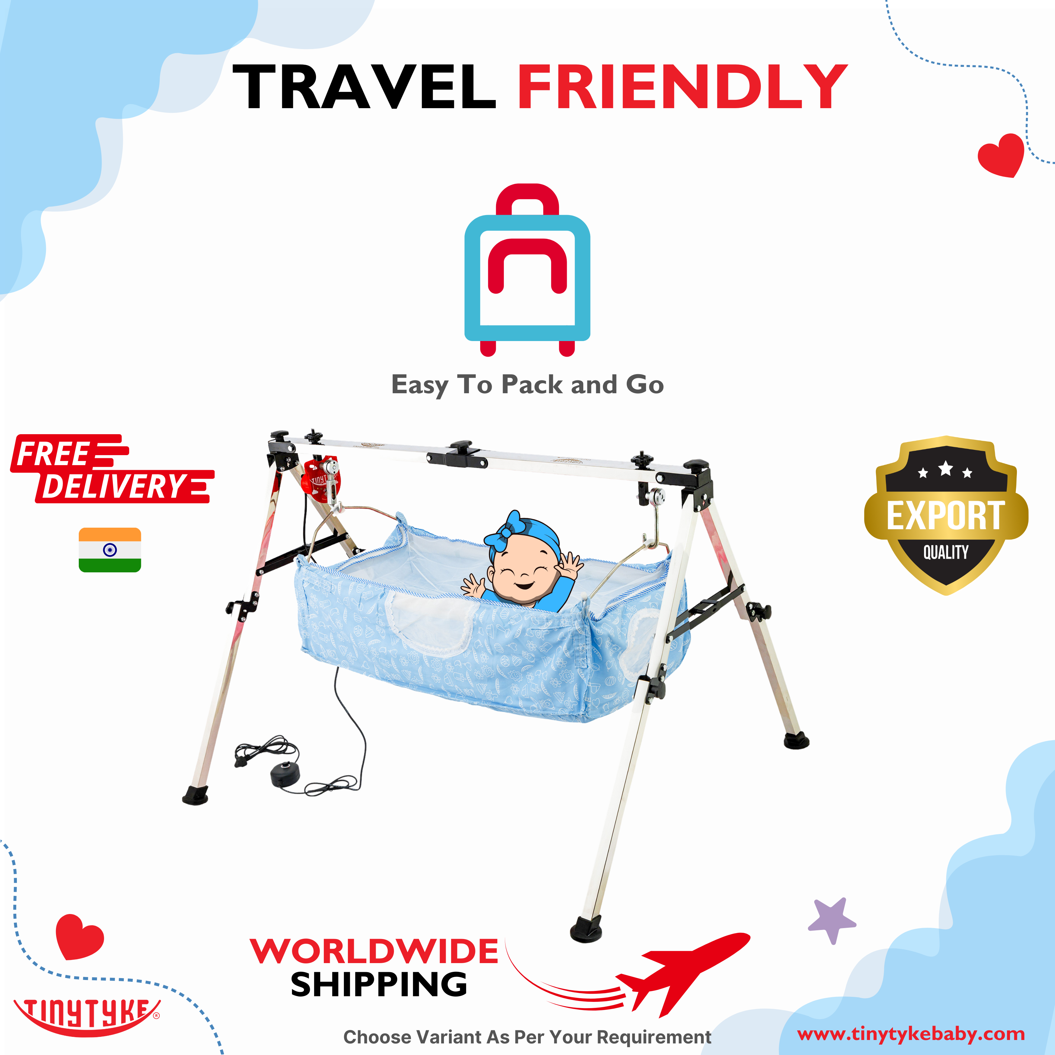 TinyTyke Fully Foldable Automatic Cradle - Square Pipe