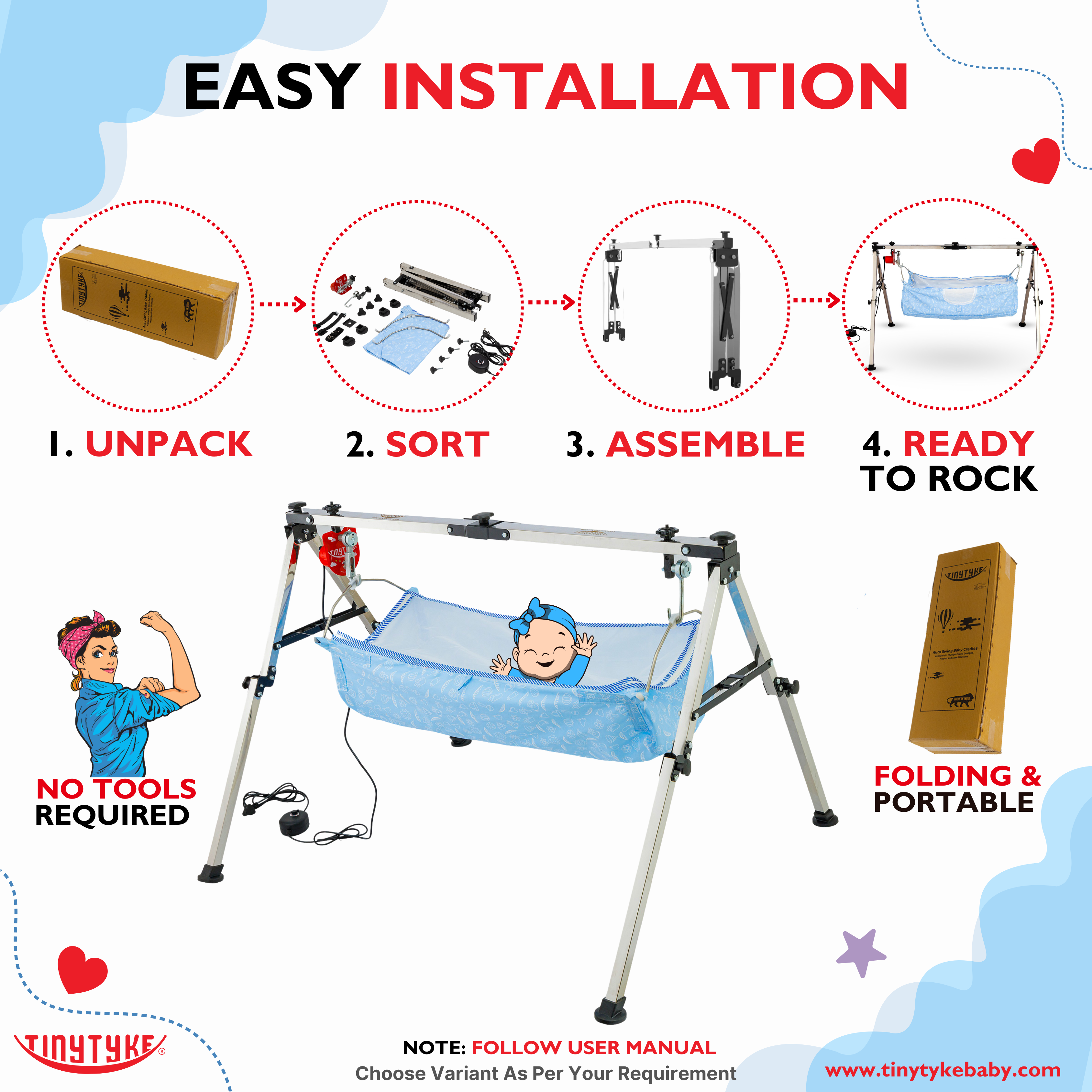 TinyTyke Fully Foldable Automatic Cradle - Square Pipe
