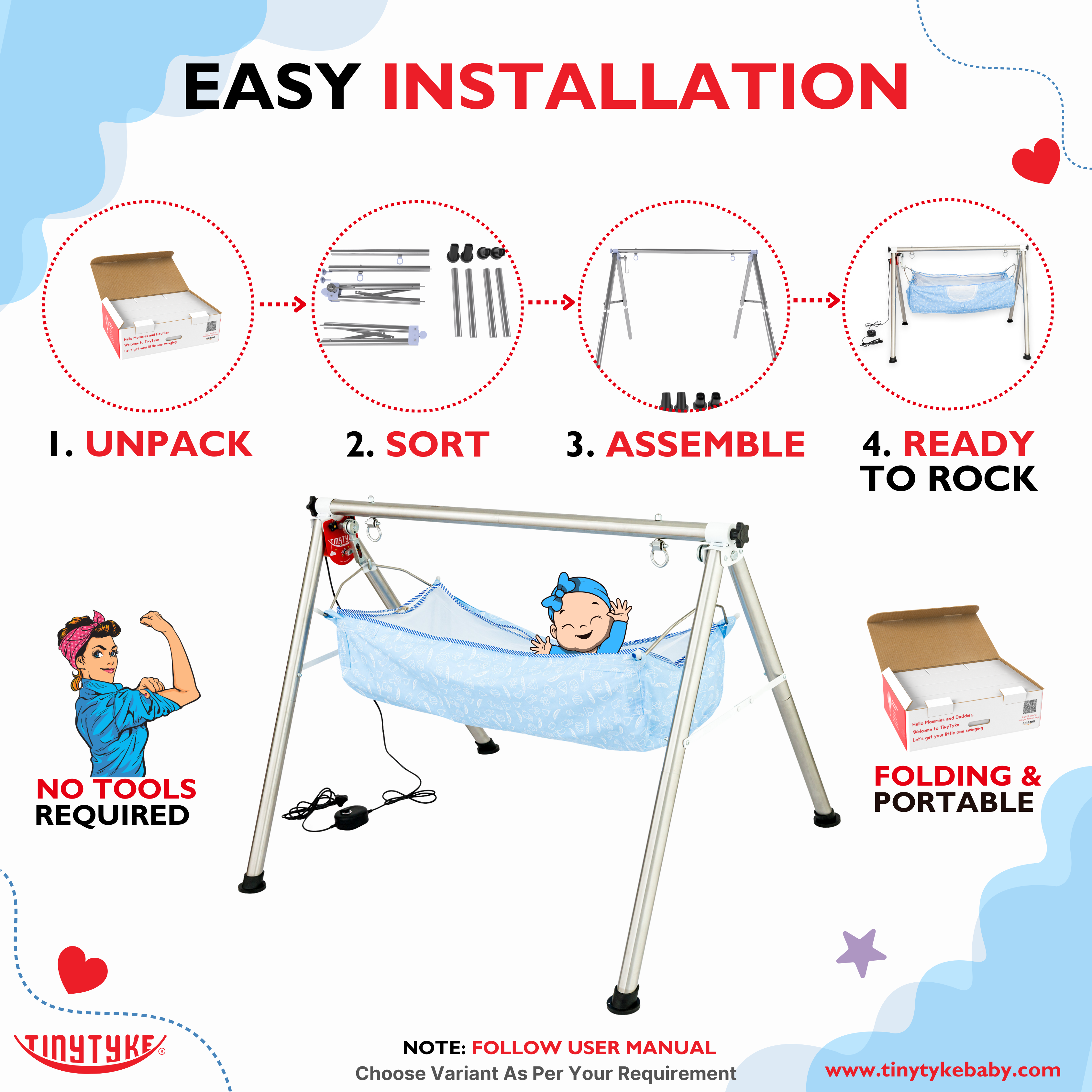 TinyTyke Fully Foldable Automatic Cradle - Round Pipe